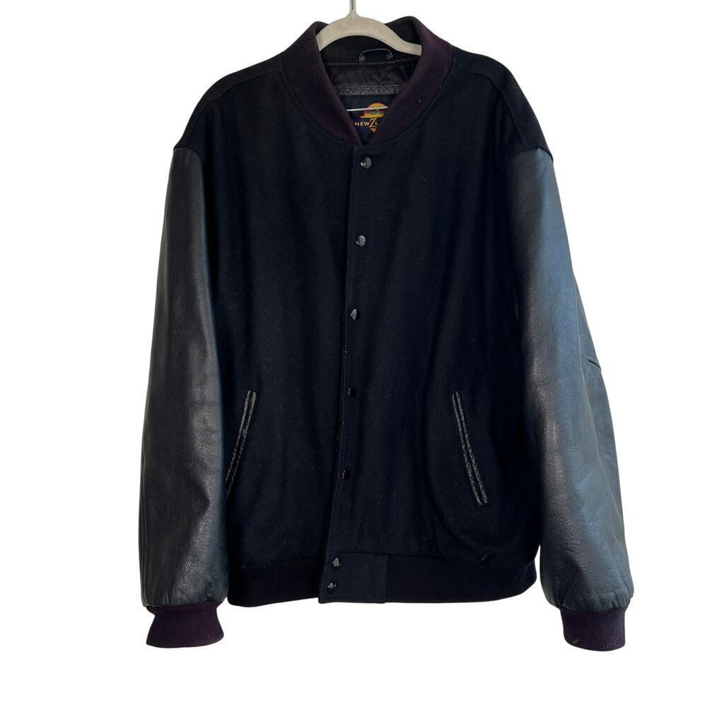 Mens New Z Lander Wool Leather Varsity Rodeo Bomber Jacket Black XL Snap button